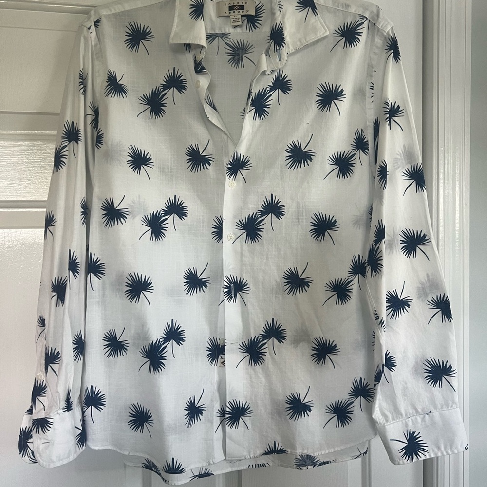 White Button-Down Shirt with Navy Palm Print